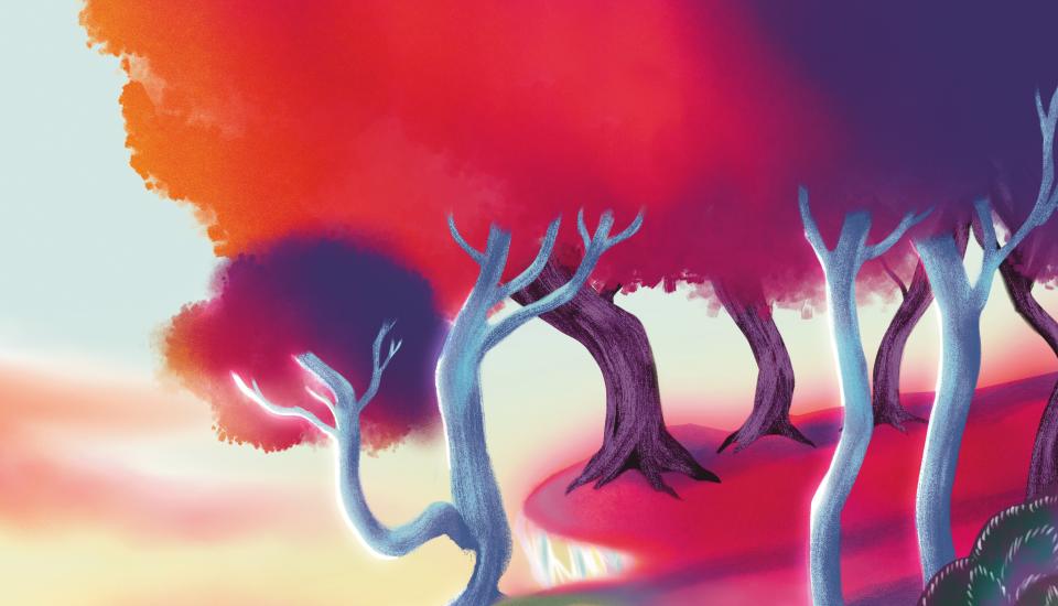 Arbres aux troncs blancs et violets, feuillage rouge-orange et violet