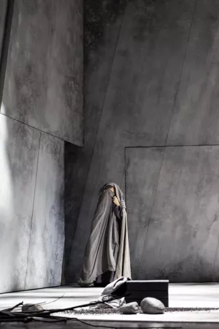 L'Annonce faite à Marie Un personnage avec une cape grise se cache le visage dans un décor gris. Au premier plan, des pierres, des branchages et peut-être une boîte.