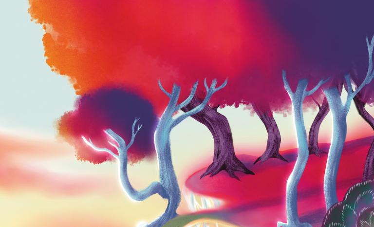 Arbres aux troncs blancs et violets, feuillage rouge-orange et violet